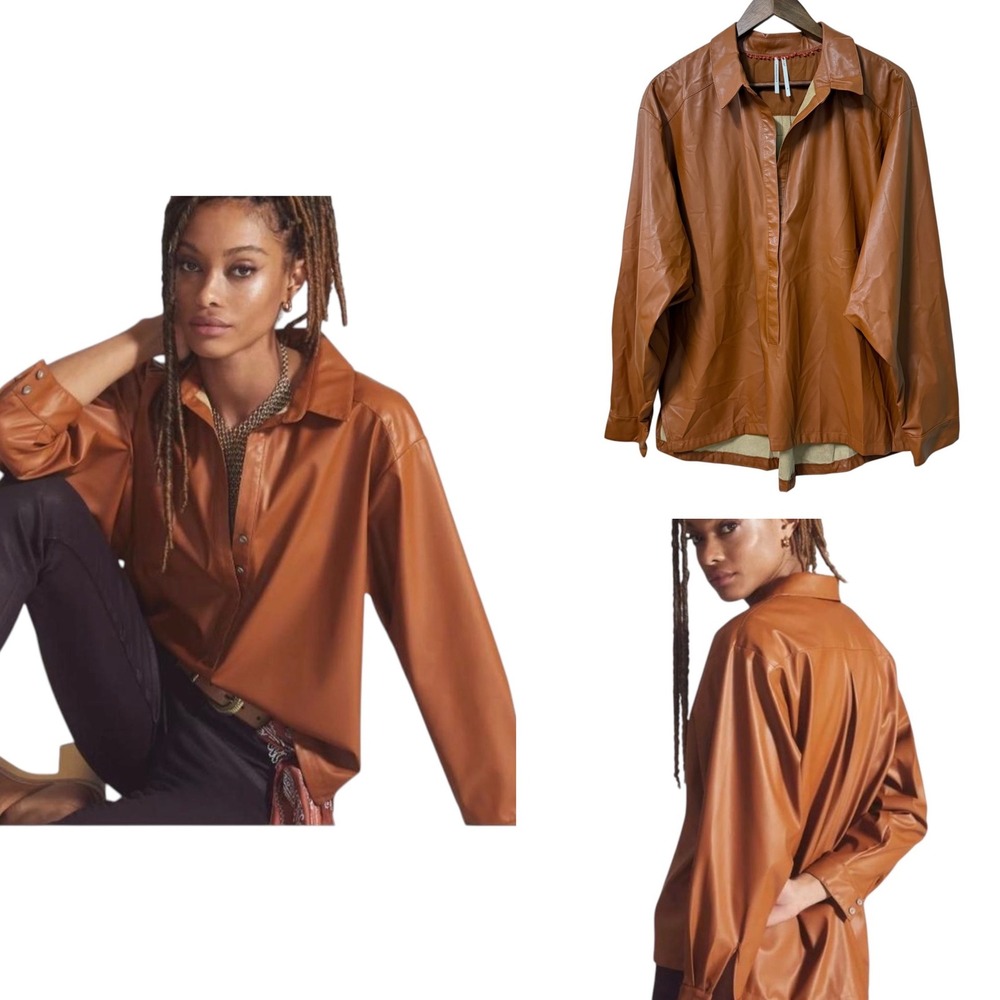 Anthropologie Faux Leather Shirt Women XL Cognac Brown Relaxed Button Down